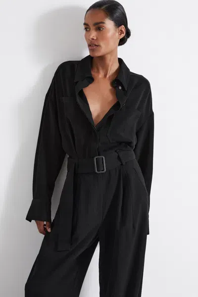 Reiss Black Atelier Belted Crepe Jumpsuit