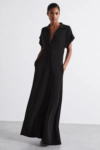 Reiss Black Atelier Polo Collar Jersey Maxi Dress