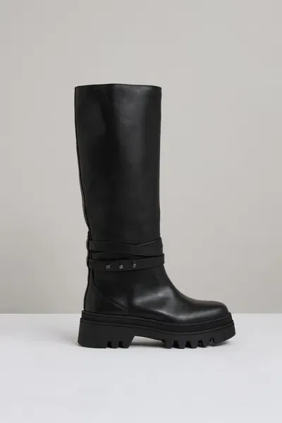 Reiss Black Leather Chunky Flat Knee-high Boots