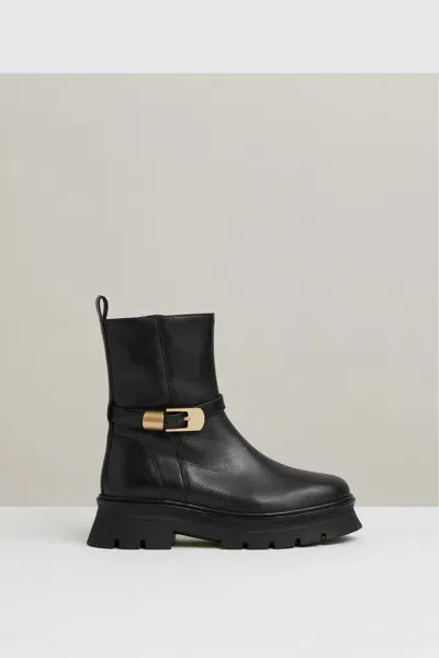 Reiss Black Elena Leather Cleated Ankle Boots