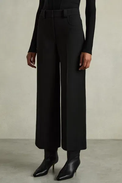 Reiss Black Petite Cropped Wide-leg Twill Trousers