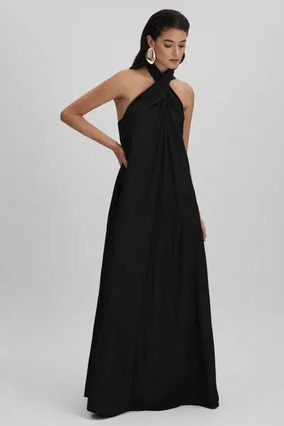 Reiss Black Phoebe Taffeta Halter Neck Maxi Dress