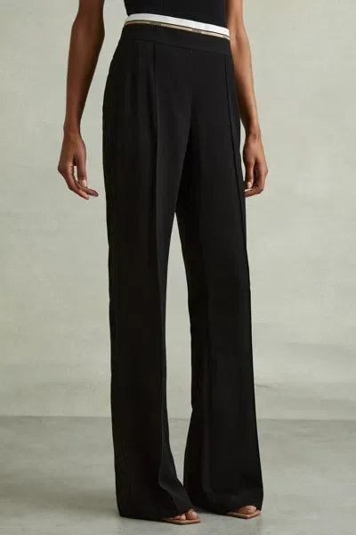 Reiss Black Sian Petite Waistband Detail Wide Leg Trousers