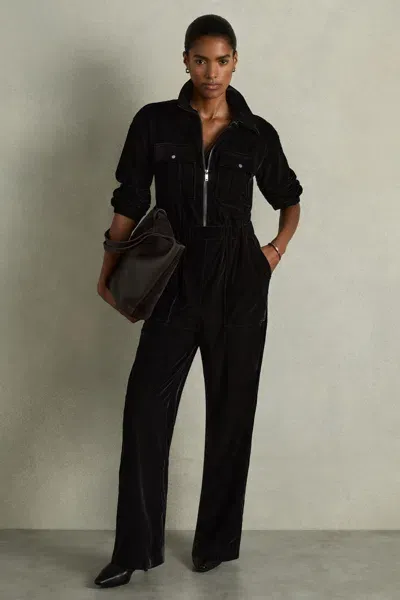 Reiss Black Vinnia Patch-pocket Velvet Jumpsuit