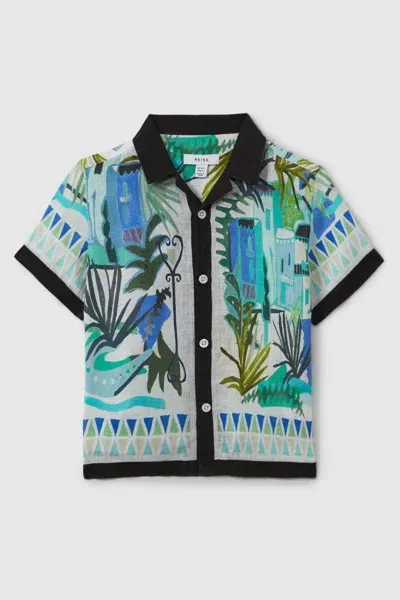 Reiss Kids' Blue Multi Printed Cuban Collar Shirt