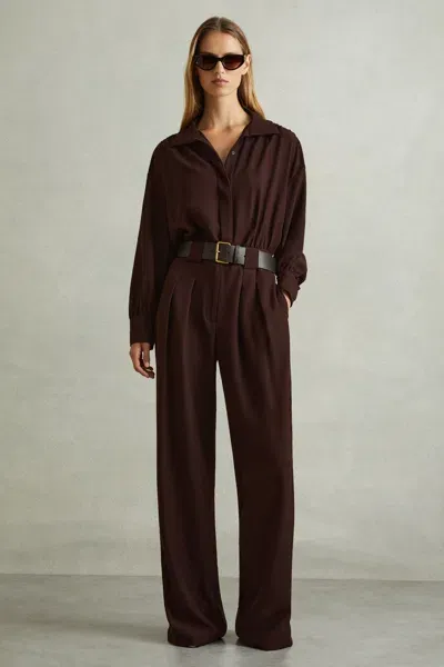 Reiss Burgundy Belted Wide Leg Jumpsuit