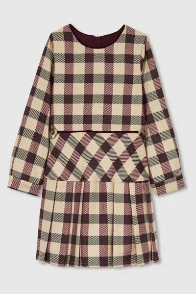 Reiss Burgundy Check Piped Pleated Dress