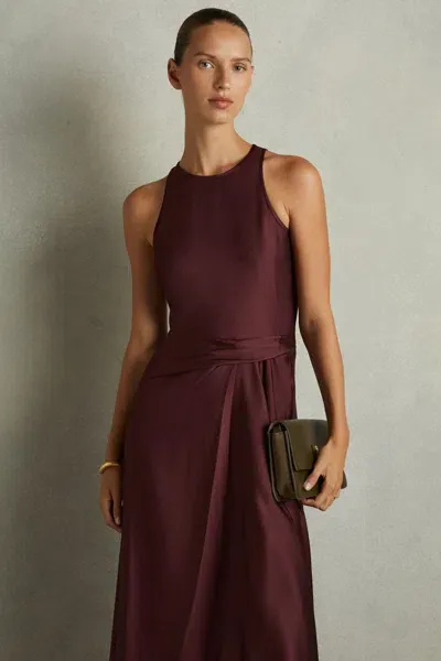 Reiss Burgundy Petite Satin Drape Tuck Midi Dress