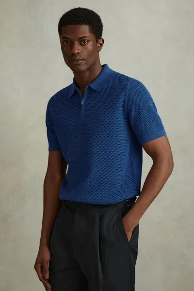 Reiss Bright Blue Burnham Cotton Blend Textured Half Zip Polo Shirt