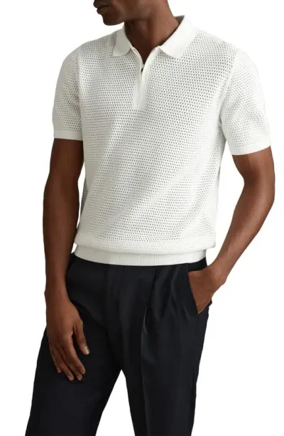 Reiss Optic White Cotton Blend Textured Half Zip Polo Shirt