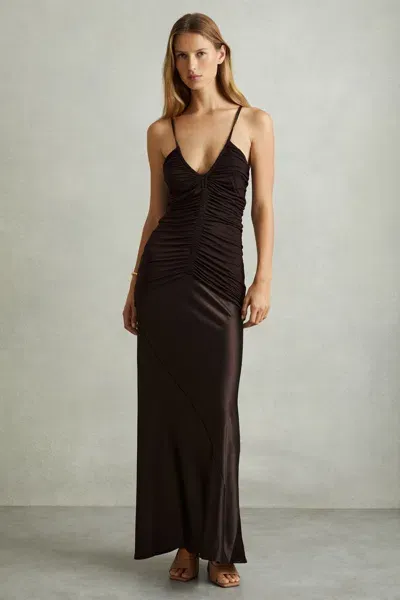 Reiss Chocolate Hybrid Jersey Satin Plunge Maxi Dress