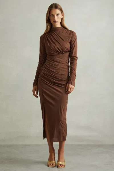 Reiss Chocolate Jersey Ruched Midi Dress