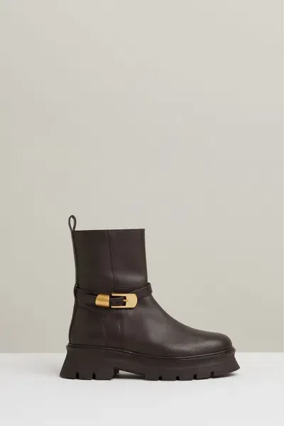 Reiss Chocolate Leather Cleated Ankle Boots