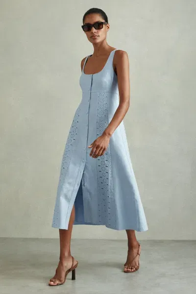 Reiss Blue Linen Broderie Midi Dress