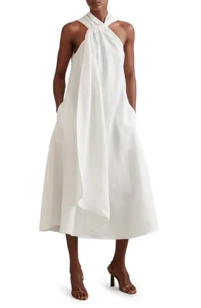 Reiss White Linen Blend Drape Midi Dress