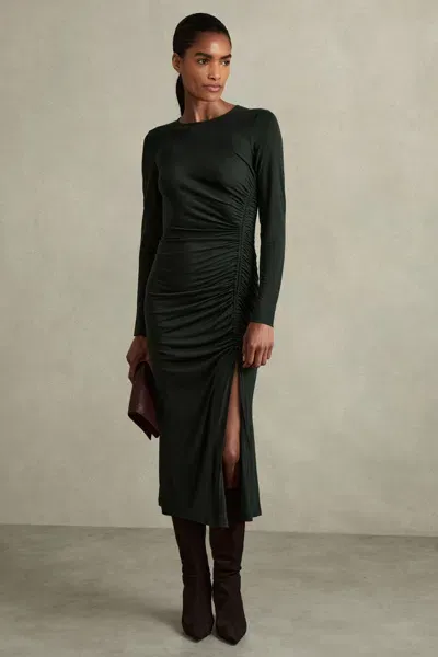 Reiss Dark Green Jersey Ruched Midi Dress