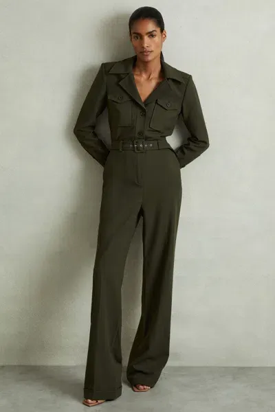 Reiss Dark Green Belted Utility Jumpsuit