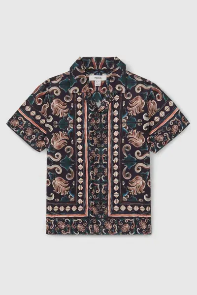 Reiss Kids' Dark Teal Finn Ornamental Print Cuban Collar Shirt