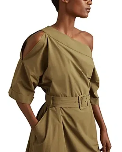 Reiss Khaki Off The Shoulder Belted Midi Dress