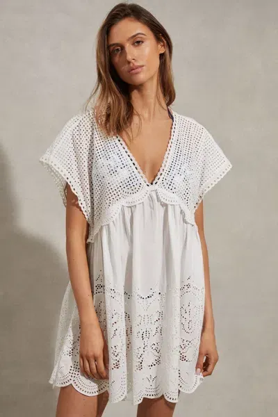 Reiss White Broderie Mini Length Kaftan