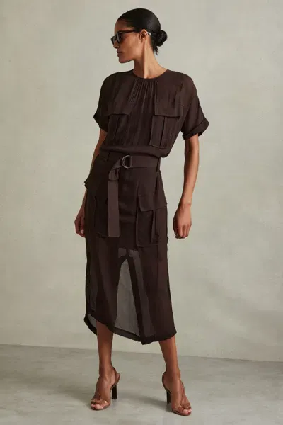 Reiss Chocolate Mesh Utility Belted Midi Dress