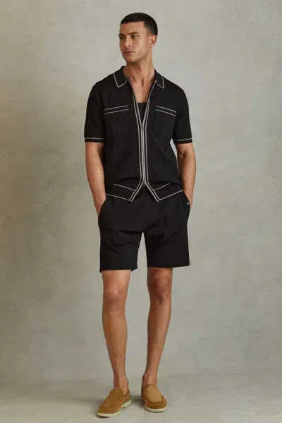 Reiss Black Etienne Ribbed Elasticated Waist Shorts