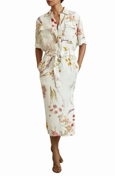 Reiss Faya Floral Shirtdress In Ivory/orange