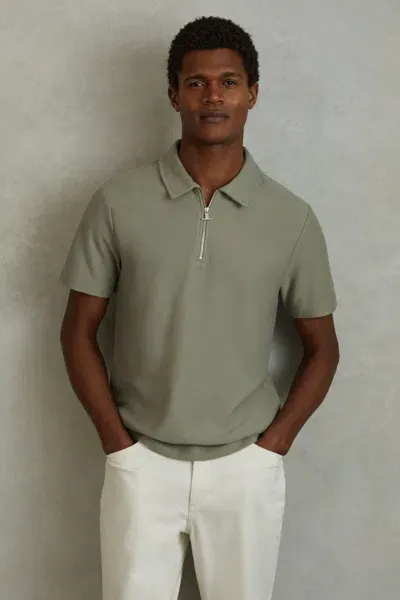 Reiss Pistachio Felix Textured Cotton Half Zip Polo Shirt