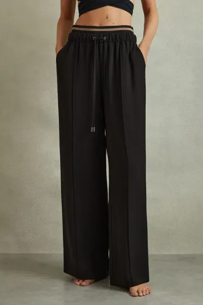 Reiss Black Waistband Detail Wide Leg Trousers