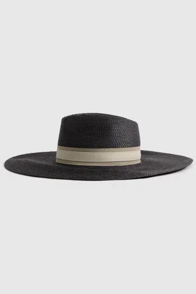 Reiss Black Raffia Wide Brim Sun Hat