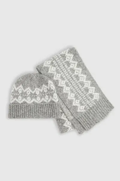 Reiss Grey Melange Fair Isle Hat And Scarf Set In Gray