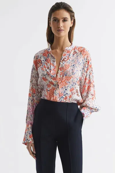 Reiss Coral/white Hallie Meadow Print Split Cuff Shirt