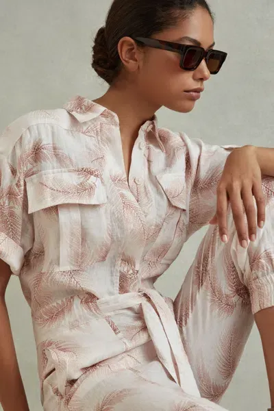 Reiss Blush Linen Tropical Print Belted Jumpsuit