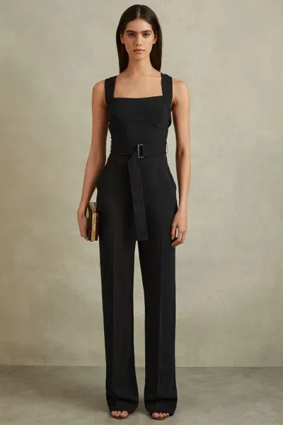 Reiss Kim Belted-waist Corset Stretch-woven Jumpsuit In Black