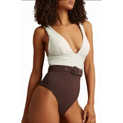 Reiss Ivory/chocolate Colourblock Belted Swimsuit