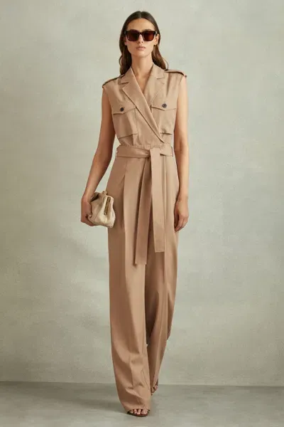 Reiss Stone Wool Blend Double Breasted Belted Jumpsuit