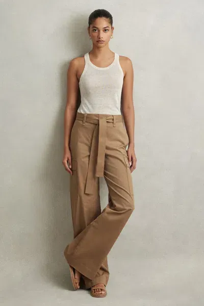 Reiss Camel Cotton Blend Wide Leg Cargo Trousers