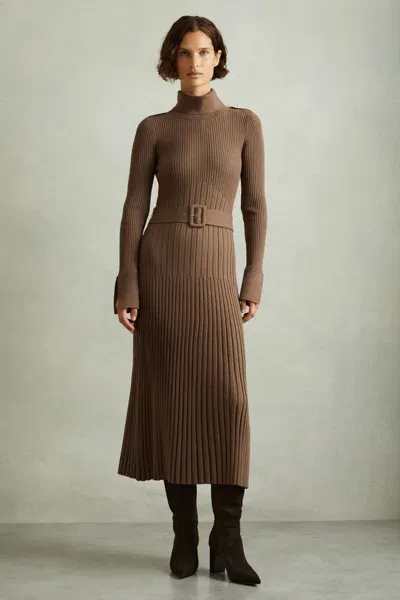 Reiss Mocha Ribbed Funnel Neck Belted Midi Dress