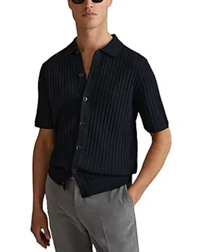 Reiss Murray Short Sleeved Knit Button Down Shirt In Navy