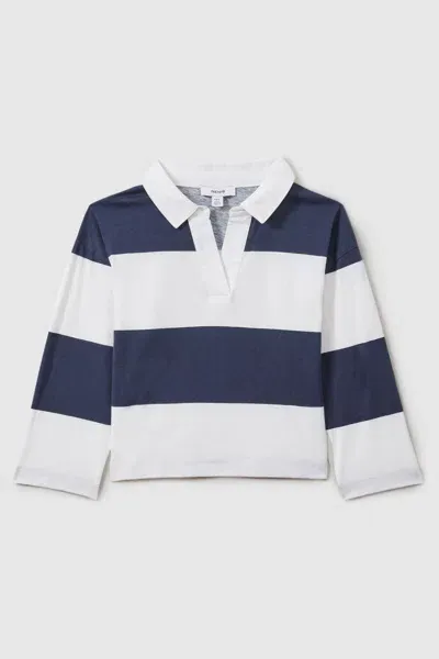 Reiss Kids' Navy Oversized Cotton Striped Open-collar Rugby Top