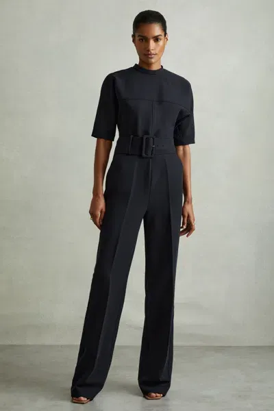 Reiss Navy Wide Leg Belted Jumpsuit