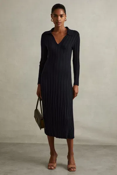 Reiss Navy Winnie Knitted Open Collar Midi Dress