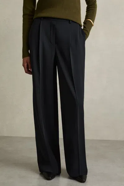 Reiss Navy Eden Petite Elasticated-waist Wide-leg Twill Trousers