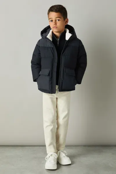 Reiss Kids' Navy Hooded Twill And Shell Puffer Jacket