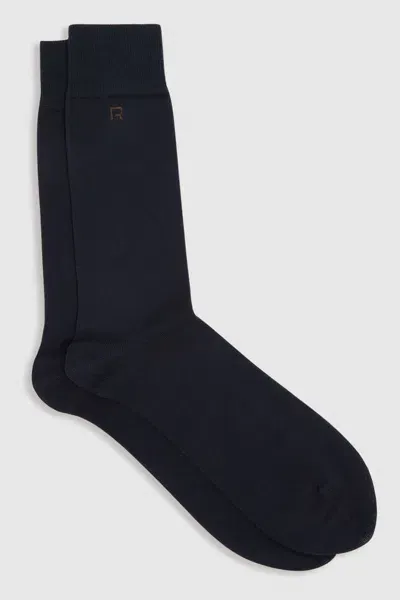 Reiss Navy/chocolate Penn Cotton-blend Logo-embroidered Socks