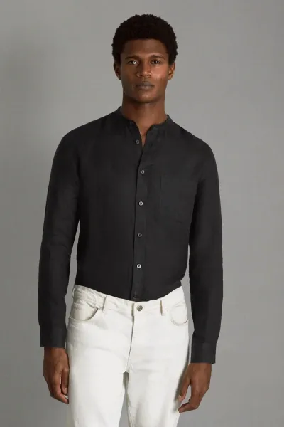 Reiss Black Linen Grandad Collar Shirt