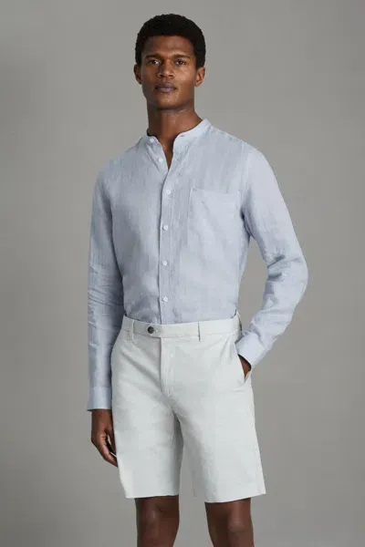 Reiss Light Blue Linen Grandad Collar Shirt