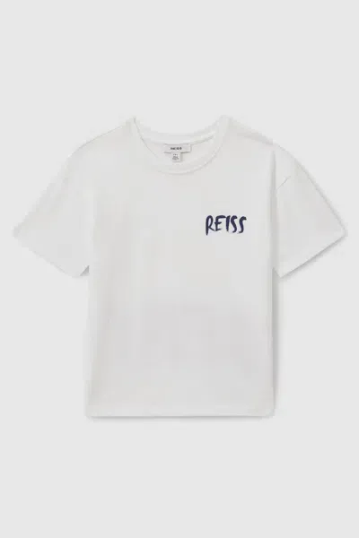 Reiss Optic White/navy Abbott 13-14 Yrs Cotton-jersey Logo-print T-shirt