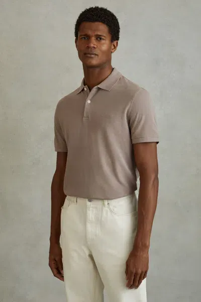 Reiss Dark Taupe Slim Fit Garment Dyed Embroidered Polo Shirt