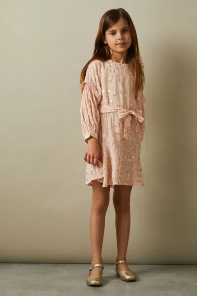 Reiss Pink Junior Metallic Jacquard Print Puff Sleeve Dress